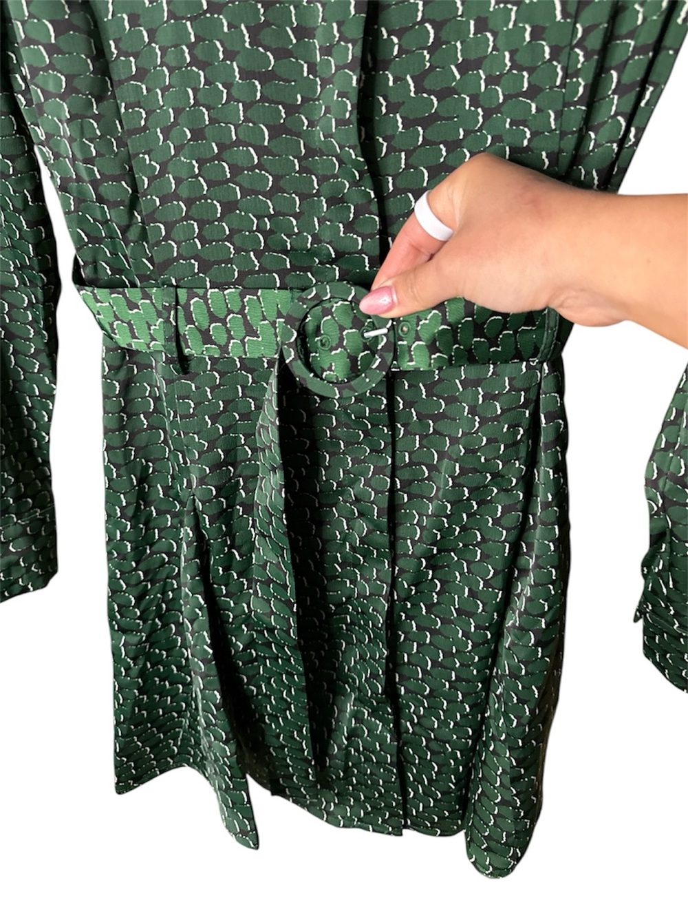 MANGO NWT Green Patterned Long-Sleeve Belted Dress size XS - Picture 5 of 7